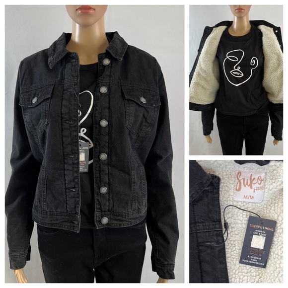 NWT Suko Jeans Sherpa Lined Trucker Black Denim Jacket, Size M - Picture 1 of 10